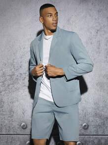 Manfinity Mode Men Lapel Neck Flap Detail Blazer & Shorts - Dusty Blue - View 4