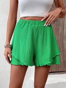 SHEIN LUNE Solid Lettuce Trim Tulip Hem Shorts - Green - View 1