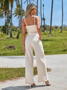 SHEIN VCAY Conjunto de dos piezas para mujer con parte superior de tirantes y pantalones de pierna ancha de color sólido para vacaciones de primavera, conjunto de ropa para crucero de mujer - Albaricoque - Ver 2