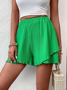 SHEIN LUNE Solid Lettuce Trim Tulip Hem Shorts - Green - View 6