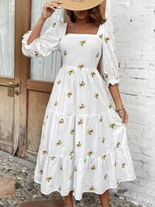 SHEIN VCAY Vestido De Bordado Floral Con Escote Cuadrado Sin Cinturón - Blanco - Ver 1