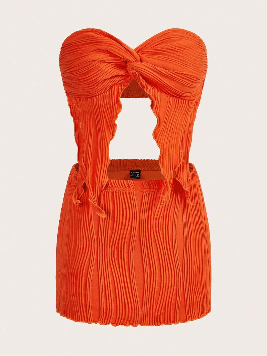 SHEIN ICON Twist Front Tube Top & Bodycon Skirt - Orange - View 1