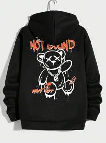 Manfinity RebelGame Loose Fit Men's Bear & Letter Print Drawstring Hoodie - Black - View 1