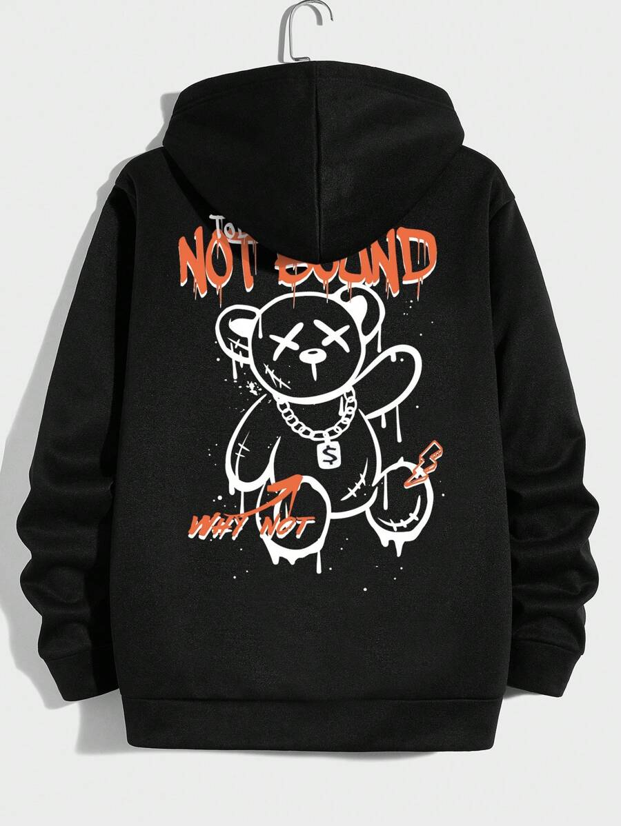 Manfinity RebelGame Loose Fit Men's Bear & Letter Print Drawstring Hoodie - Black - View 1