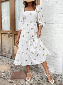 SHEIN VCAY Vestido De Bordado Floral Con Escote Cuadrado Sin Cinturón - Blanco - Ver 6