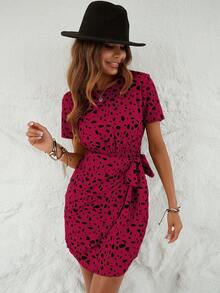 SHEIN LUNE Đầm thắt lưng in họa tiết toàn thân màu đỏ tía dành cho nữ - Màu Đỏ Sâu - Xem 3