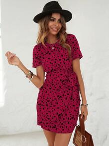 SHEIN LUNE Đầm thắt lưng in họa tiết toàn thân màu đỏ tía dành cho nữ - Màu Đỏ Sâu - Xem 5