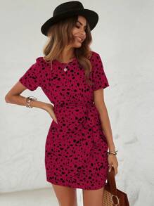 SHEIN LUNE Đầm thắt lưng in họa tiết toàn thân màu đỏ tía dành cho nữ - Màu Đỏ Sâu - Xem 6