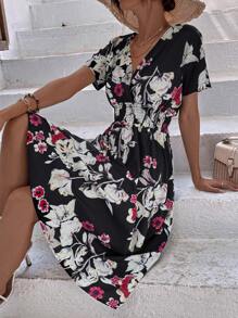 SHEIN LUNE Floral Print Knot Front Dress - Multicolor - View 1