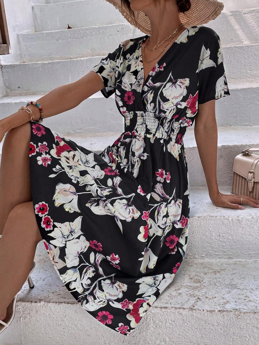 SHEIN LUNE Floral Print Knot Front Dress - Multicolor - View 1