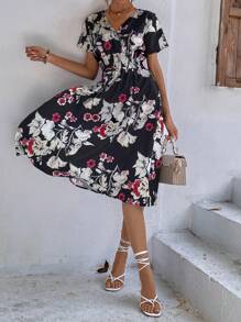 SHEIN LUNE Floral Print Knot Front Dress - Multicolor - View 3