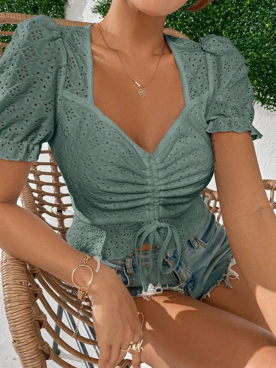 SHEIN VCAY Eyelet Embroidery Drawstring Front Puff Sleeve Tee - Army Green - View 1