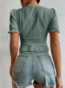 SHEIN VCAY Eyelet Embroidery Drawstring Front Puff Sleeve Tee - Army Green - View 2