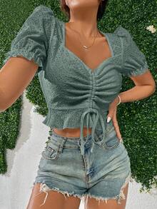 SHEIN VCAY Eyelet Embroidery Drawstring Front Puff Sleeve Tee - Army Green - View 5