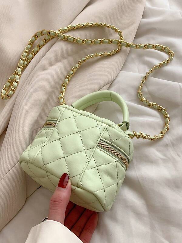 Mini Quilted Bucket Bag Zipper Top Handle Green SHEIN USA