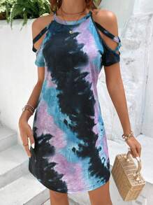 SHEIN LUNE 紮染挖肩交叉T恤洋裝 - 彩色 - 查看 2