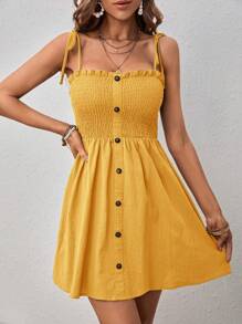 SHEIN VCAY 素色褶邊前紐扣吊帶洋裝 - 芥末黃 - 查看 3