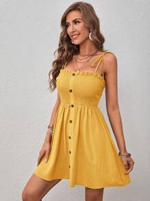 SHEIN VCAY 素色褶邊前紐扣吊帶洋裝 - 芥末黃 - 查看 4