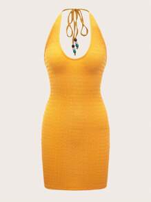 SHEIN ICON Đầm Lộ Lưng Buộc lại màu trơn Gợi cảm - Màu Mù tạt vàng - Xem 1