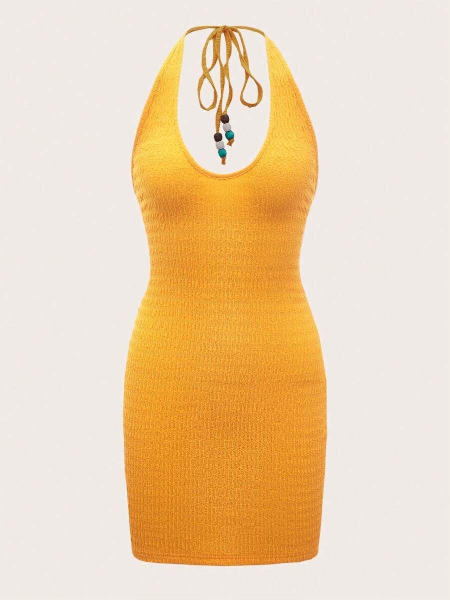 SHEIN ICON Đầm Lộ Lưng Buộc lại màu trơn Gợi cảm - Màu Mù tạt vàng - Xem 1