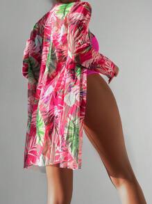 Tropical Print Bikini Set With Kimono - Multicolor - View 2