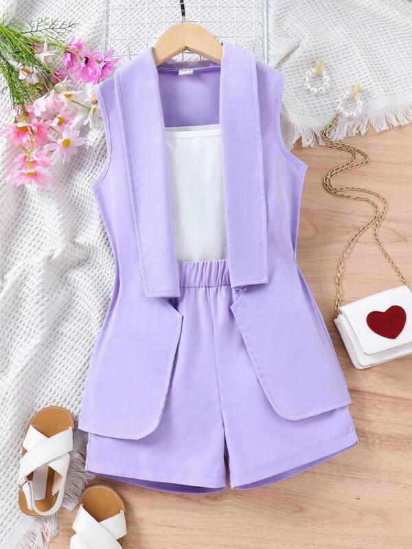 SHEIN Tween Girl Solid Cami Top & Shorts & Vest Coat