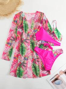 Tropical Print Bikini Set With Kimono - Multicolor - View 4