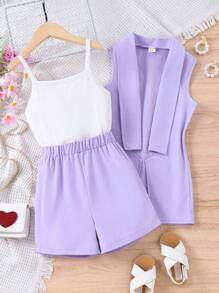 SHEIN Tween Girl Solid Cami Top & Shorts & Vest Coat