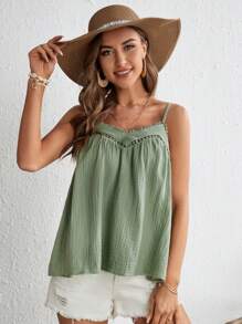 SHEIN Frenchy 女士夏季休闲度假纯色纹理面料撞色蕾丝吊带娃娃衫 - 薄荷綠 - 查看 3