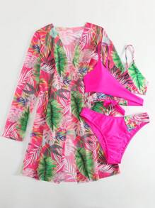 Tropical Print Bikini Set With Kimono - Multicolor - View 7