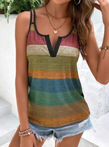 SHEIN LUNE Colorblock Notched Neck Top Graphic Tees Women Tops