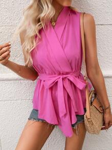 Breezaya Áo sơ mi nữ Thắt lưng Trọn gói màu trơn Giải trí - Màu Hồng Tươi - Xem 6