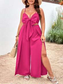 SHEIN VCAY Bộ thời trang Plus Size Tách cao Thắt nơ trước màu trơn Boho - Màu Hồng Tươi - Xem 1