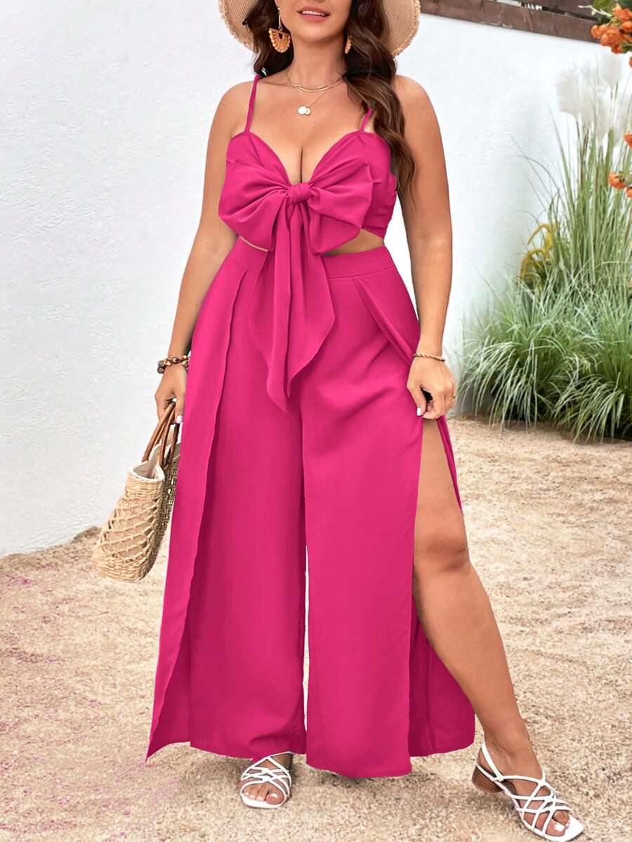 SHEIN VCAY Bộ thời trang Plus Size Tách cao Thắt nơ trước màu trơn Boho - Màu Hồng Tươi - Xem 1