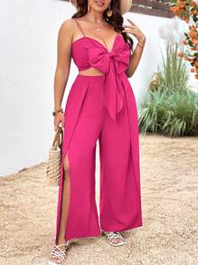 SHEIN VCAY Bộ thời trang Plus Size Tách cao Thắt nơ trước màu trơn Boho - Màu Hồng Tươi - Xem 3