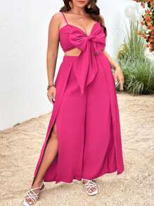 SHEIN VCAY Bộ thời trang Plus Size Tách cao Thắt nơ trước màu trơn Boho - Màu Hồng Tươi - Xem 5