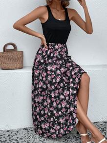 SHEIN LUNE Floral Print Sleeveless A-line Dress - Black - View 1