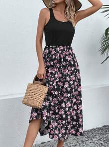 SHEIN LUNE Floral Print Sleeveless A-line Dress - Black - View 3