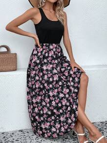 SHEIN LUNE Floral Print Sleeveless A-line Dress - Black - View 4