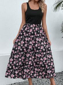 SHEIN LUNE Floral Print Sleeveless A-line Dress - Black - View 5