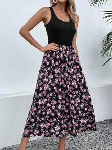 SHEIN LUNE Floral Print Sleeveless A-line Dress - Black - View 6
