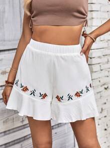 SHEIN LUNE 花卉刺繡荷葉邊短褲 - 白色 - 查看 1