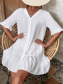 EMERY ROSE Kimono de verano con manga voluminosa, bajo con volantes y cierre de botones - Blanco - Ver 2