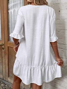 EMERY ROSE Kimono de verano con manga voluminosa, bajo con volantes y cierre de botones - Blanco - Ver 3