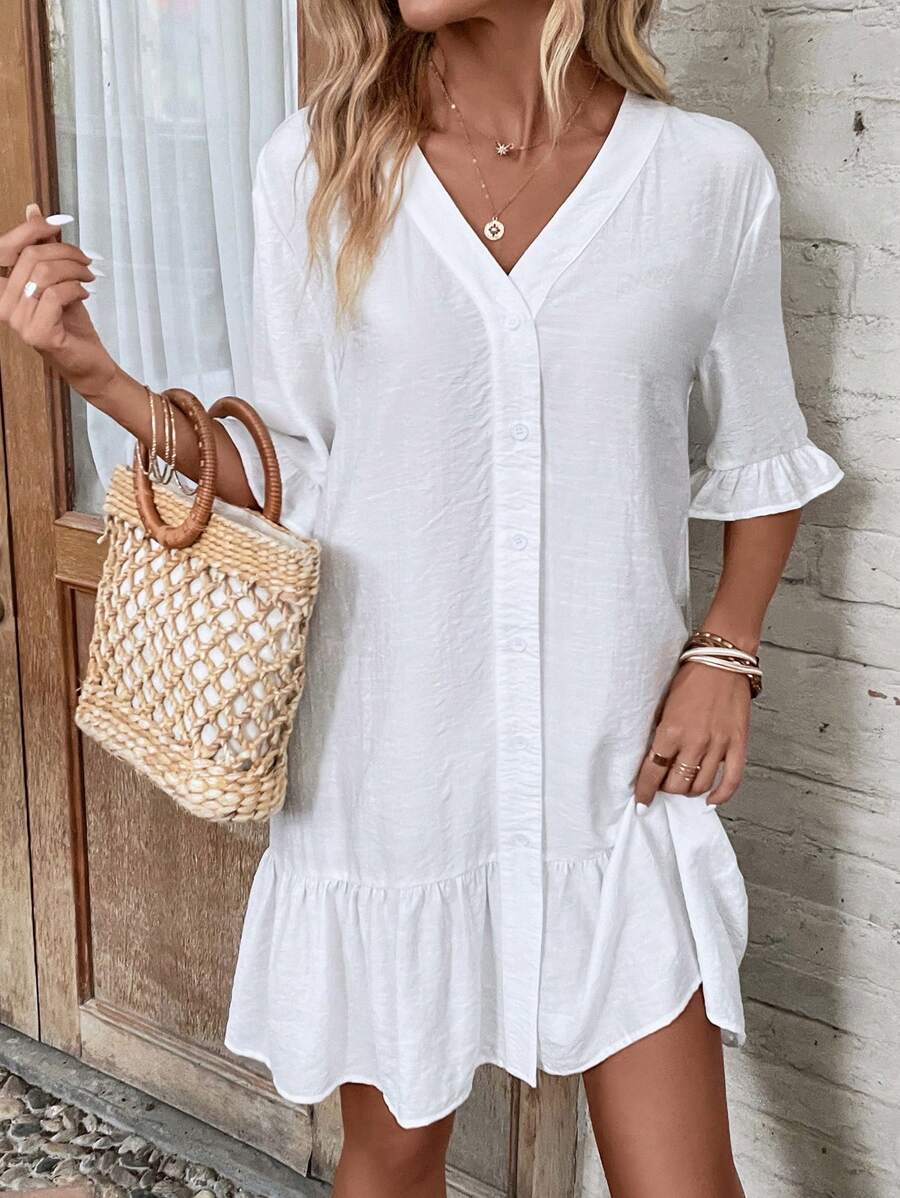 EMERY ROSE Kimono de verano con manga voluminosa, bajo con volantes y cierre de botones - Blanco - Ver 1