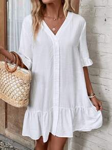 EMERY ROSE Kimono de verano con manga voluminosa, bajo con volantes y cierre de botones - Blanco - Ver 4