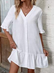 EMERY ROSE Kimono de verano con manga voluminosa, bajo con volantes y cierre de botones - Blanco - Ver 6