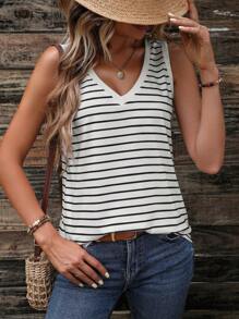 SHEIN LUNE Striped Print Tank Top - Black and White - View 3