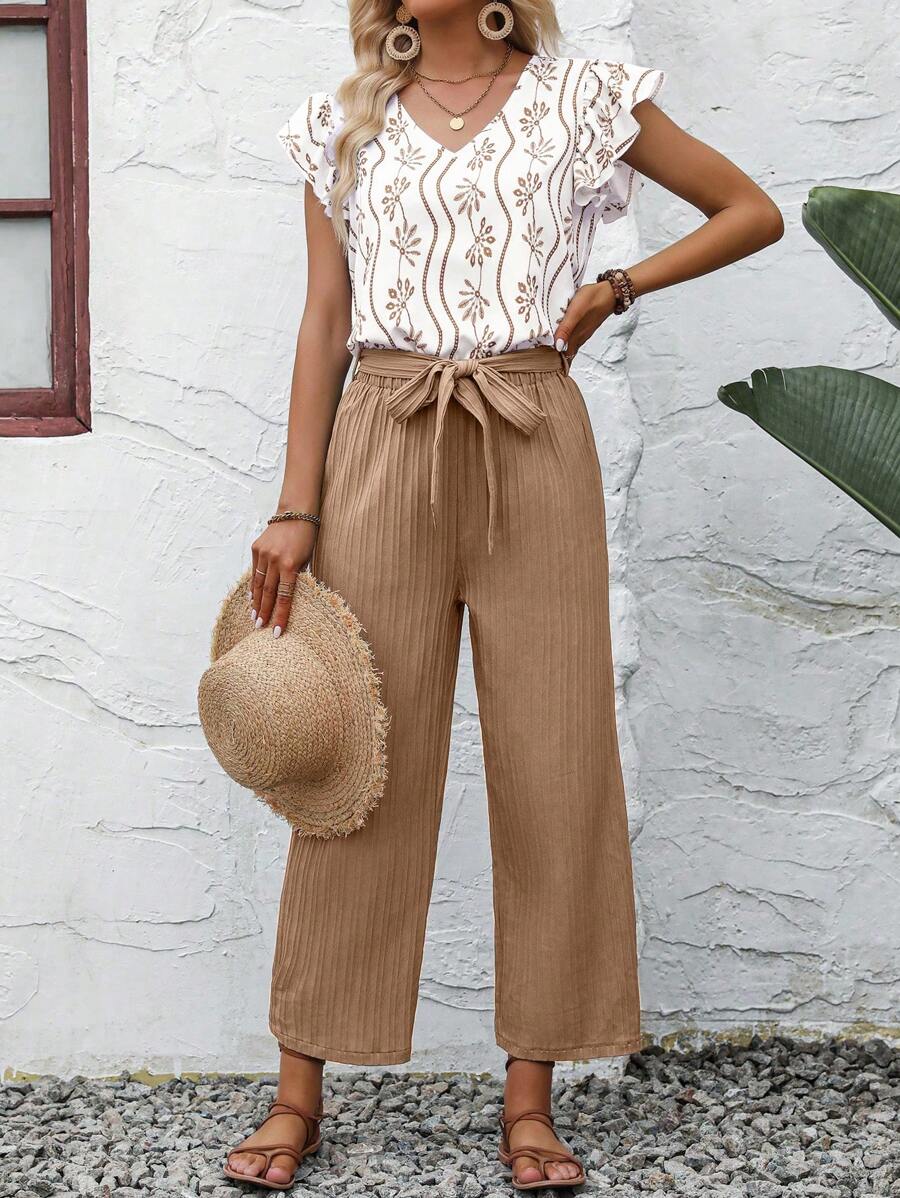 SHEIN LUNE Allover Print Ruffle Trim Blouse & Belted Trousers - Khaki - View 1