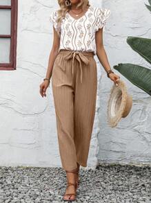 SHEIN LUNE Allover Print Ruffle Trim Blouse & Belted Trousers - Khaki - View 5